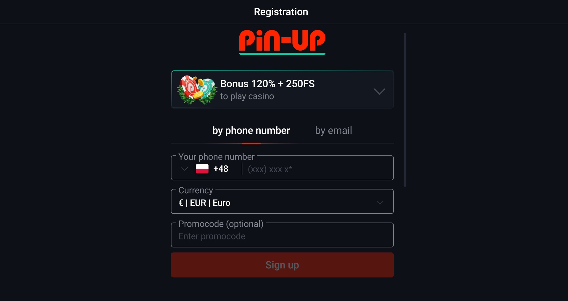 Formularz rejestracyjny w Pin Up Casino dla nowych graczy